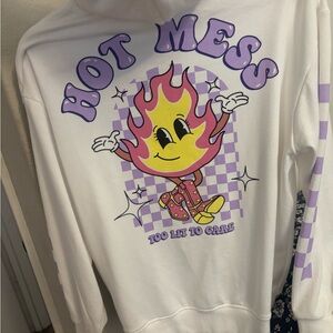 White Hoodie with Colorful Flame Character Graphic